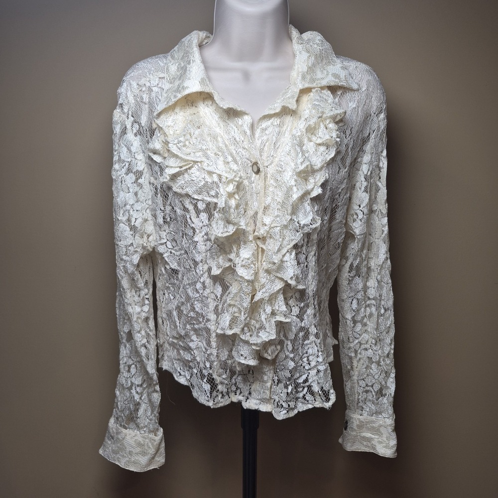 Vintage Tess Ivory Floral Lace Ruffle Blouse Long Sleeve Button Up Size 10